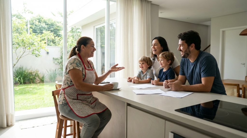 empregada doméstica de confiança conversando com família