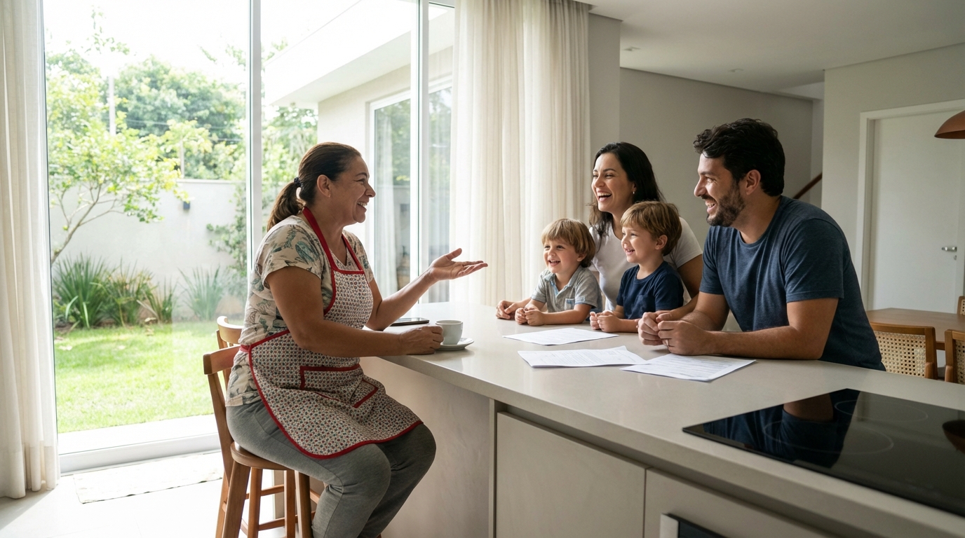 empregada doméstica de confiança conversando com família